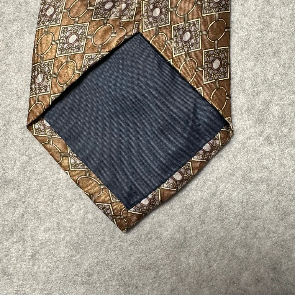 Phineas Creed Hand Made Men Silk Jacquard Geometric Pattern Necktie Gold Brown